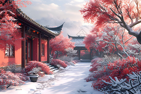 绚丽雪景中的红墙与白雪图片