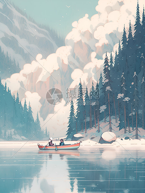 冬日湖畔孤舟图片