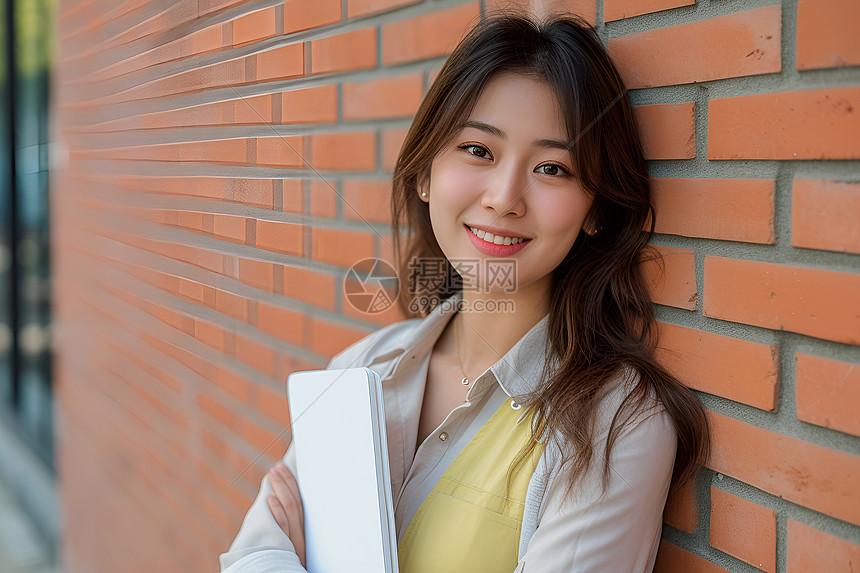 校园墙边愉悦的女生图片