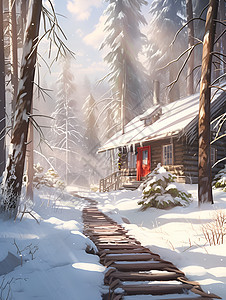 冬日林中的小屋图片