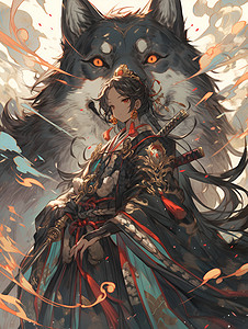 神话世界的女孩和狼背景图片