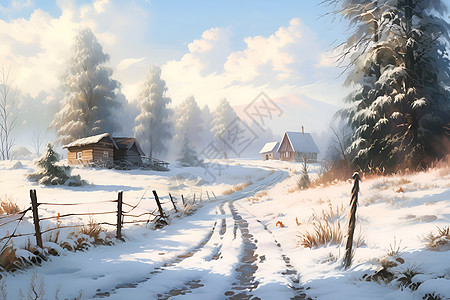 冬日小屋前雪景图片