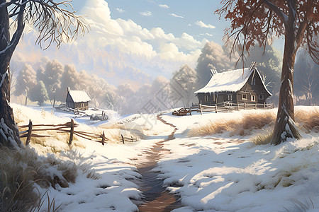 冬日童话雪域小屋图片