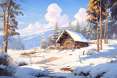 冬日森林小屋图片