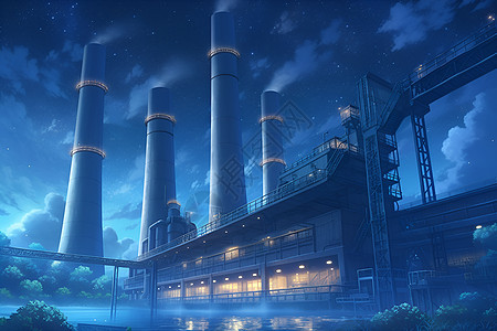 夜晚中的发电厂背景图片
