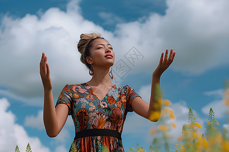 花田中举手的女人图片