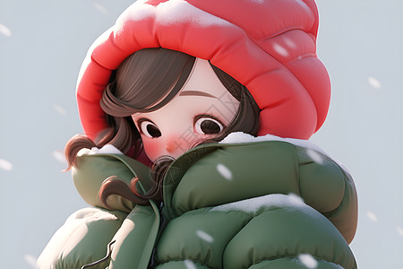 雪地中的红帽绿衣少女图片