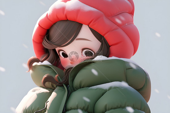 雪地中的红帽绿衣少女图片