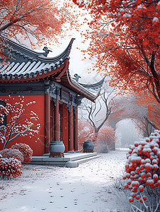 红墙冬日中国宫殿图片