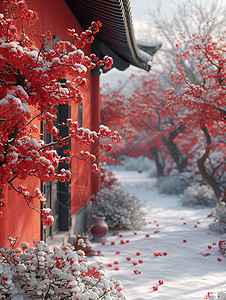 红墙飘雪图片