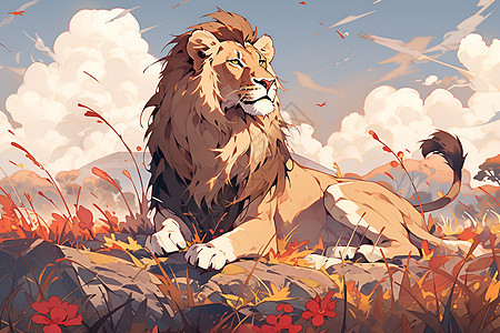 花草丛中的雄狮背景图片