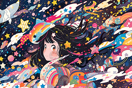 梦想星空中的少女插画