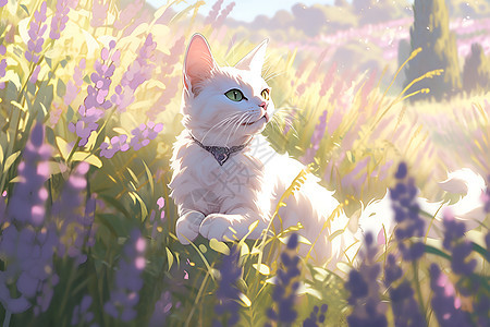 薰衣草中的白猫图片