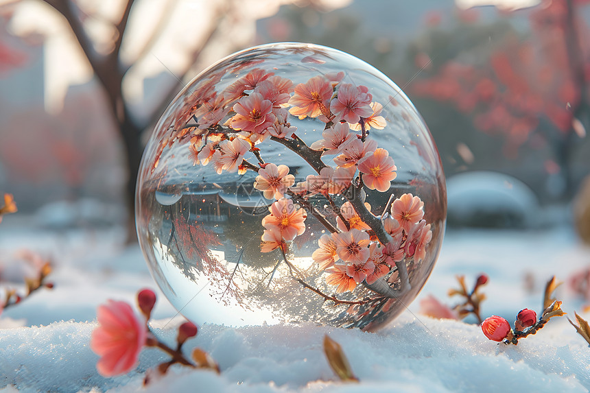 雪中梅花水晶球图片