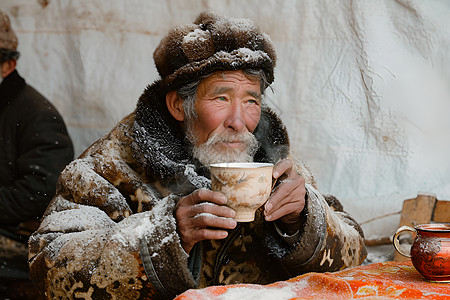老人喝茶背景图片