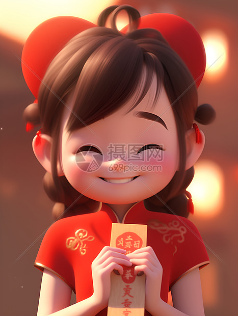 快乐的小女孩收红包图片