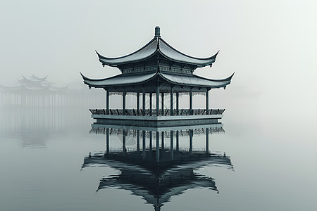 湖上优美的中国亭子高清图片