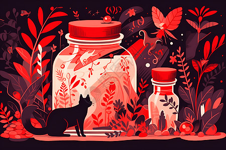 小猫与红罐红灯笼椒高清图片