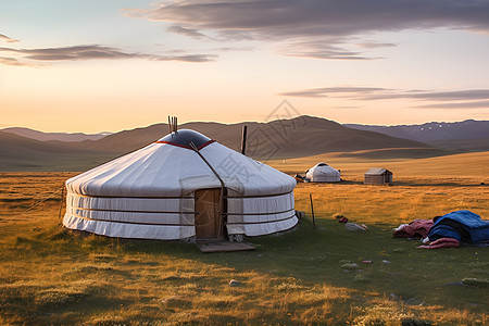 草地上的座蒙古和风景背景图片