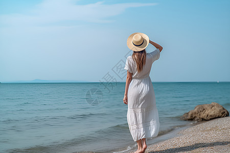 海边徜徉的女子背景图片