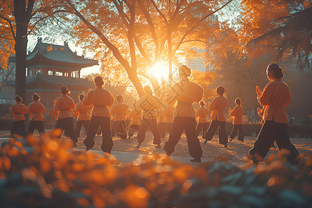 公园内练习气功的人群图片