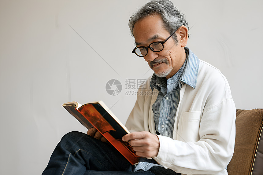 室内看书的老年男士图片