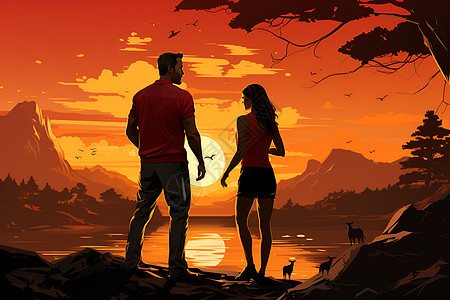 日落湖畔情侣背景图片
