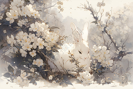 白色花朵中的兔子图片