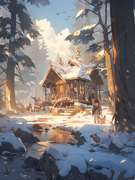 冬季森林中的小屋图片