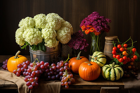 桌子上的果蔬和鲜花图片