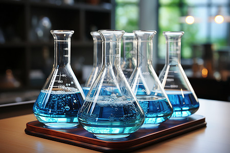 一组装满蓝色液体的烧瓶背景图片