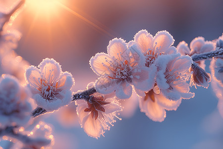 树枝花朵上的冰雪背景图片