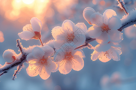 雪花动图粉色花朵上的冰雪背景