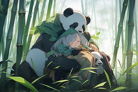 竹林中的熊脑和女子背景图片