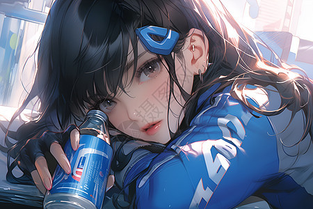 蓝色服装喝水的女性背景图片