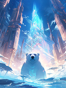 城市大楼前的北极熊背景图片