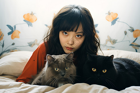 床上的猫咪和女子图片