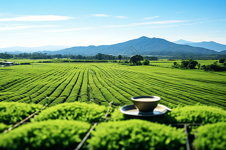 蜂蜜绿茶绿茶与山景背景