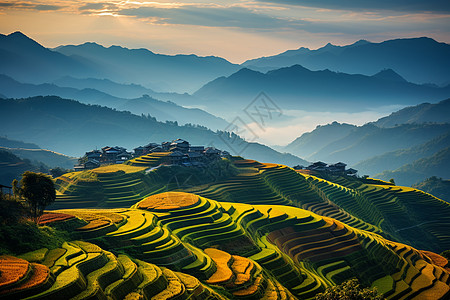 秋天山峰秋天的梯田背景