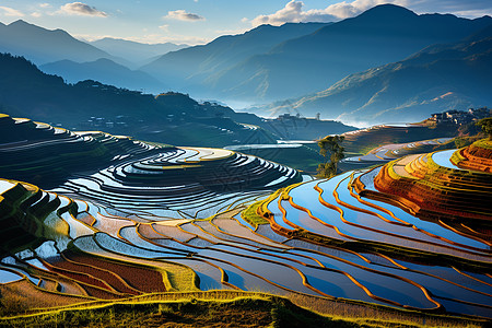 秋天山峰秋天梯田美景背景