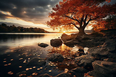 夕阳下的湖岸树木背景图片