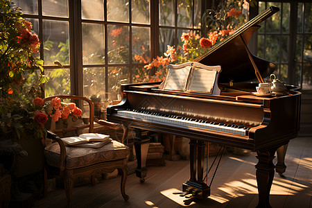 钢琴室房间里的一台钢琴背景