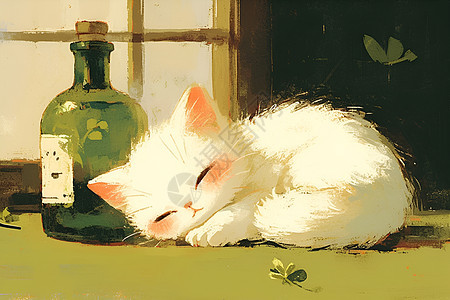 沉睡中的白猫图片
