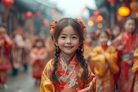 拿着灯笼的少女彩衣少女对镜头笑背景