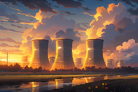 夕阳映照下的核反应堆图片