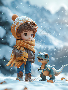 雪中的男孩与恐龙图片