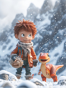 雪地里的男孩和恐龙图片