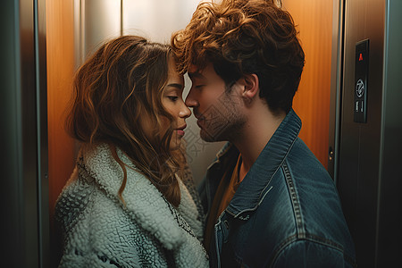 电梯中相互凝视的情侣图片