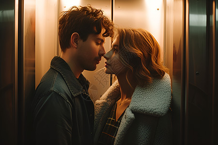 电梯中相视而笑的情侣图片