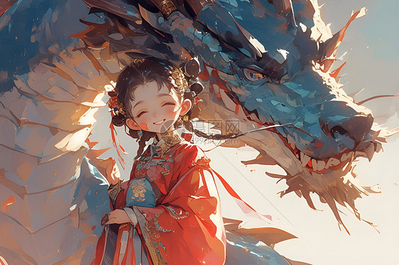 红衣少女与神龙共舞图片